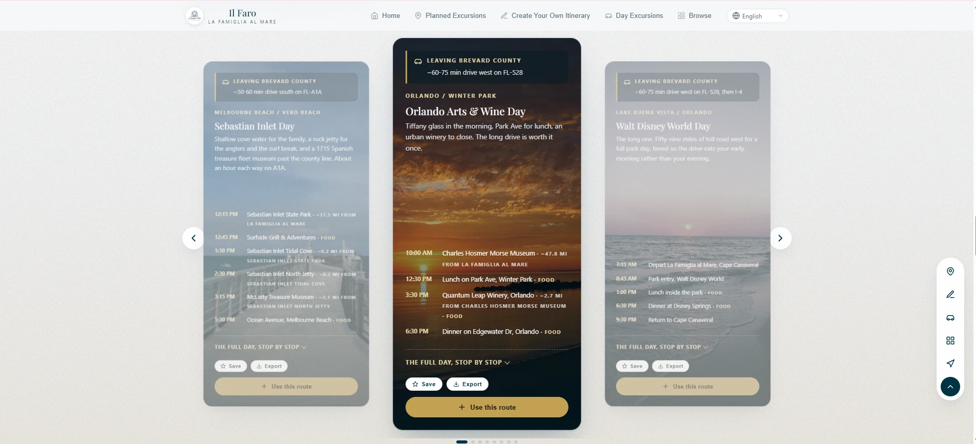 Il Faro route cards on desktop: three day itineraries with timed stops, distances from the accommodation, and Save, Export and Use this route controls.