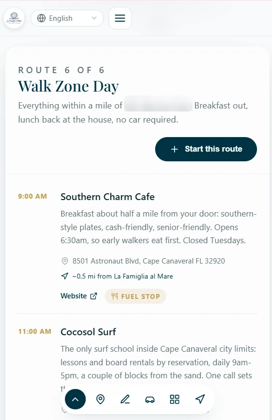 Il Faro route screen on a phone: Walk Zone Day with timed stops such as Southern Charm Cafe and Cocosurf, and a Start this route button.