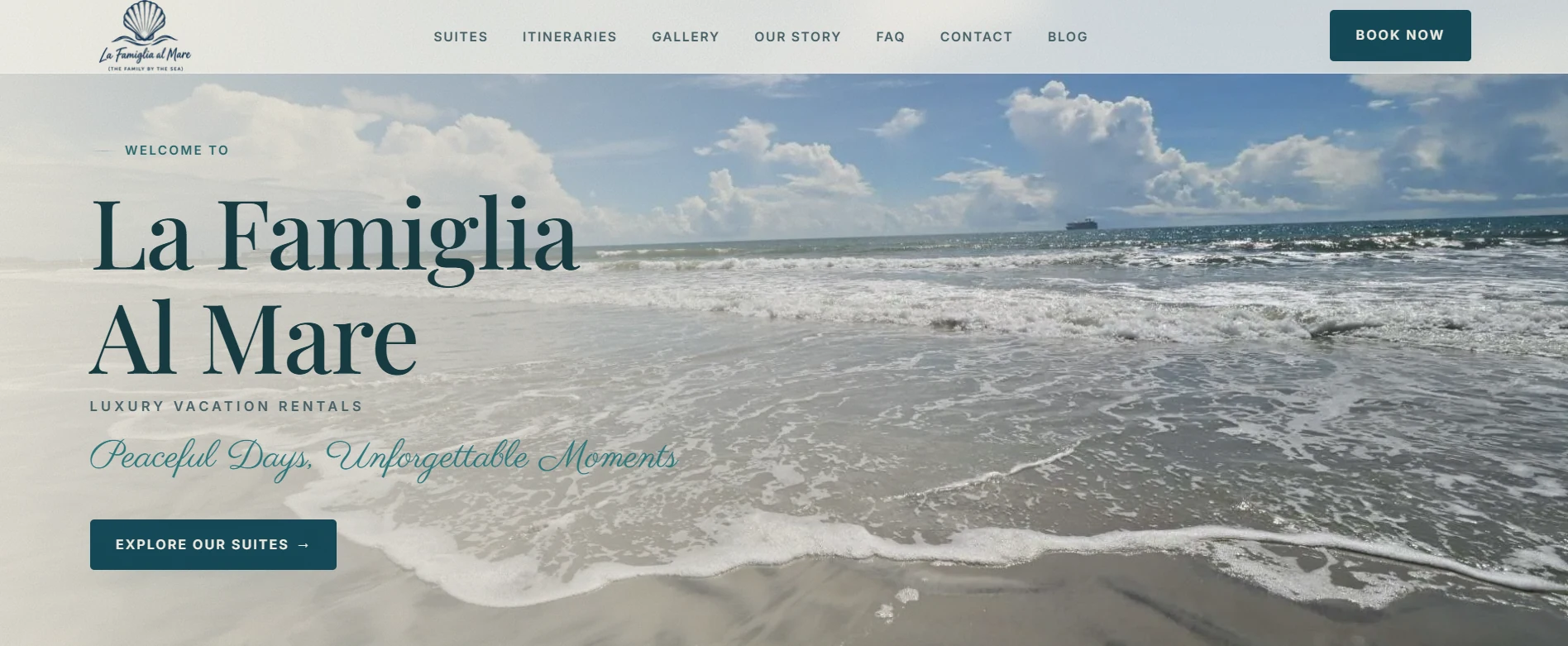 The La Famiglia al Mare website homepage: a coastal photograph behind the headline La Famiglia Al Mare, with suite, itinerary and booking navigation.