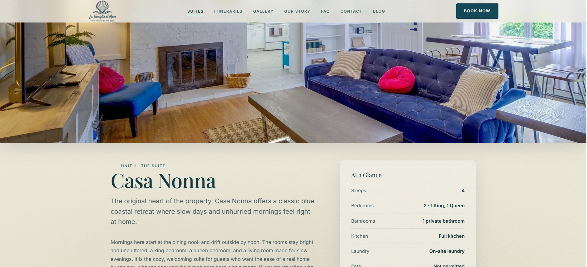 La Famiglia al Mare suite page for Casa Nonna: a furnished living room above the suite description and an At a Glance panel listing sleeps, bedrooms and bathrooms.